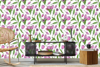 Wallpaper Drawn Blooming Tulips