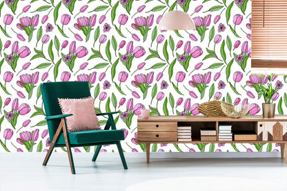 Wallpaper Drawn Blooming Tulips