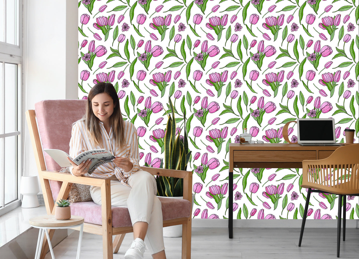 Wallpaper Drawn Blooming Tulips