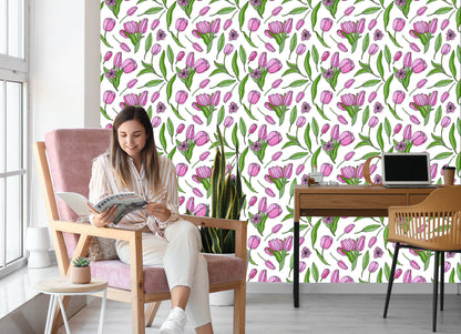 Wallpaper Drawn Blooming Tulips