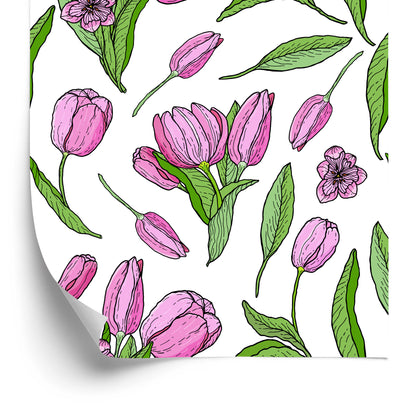 Wallpaper Drawn Blooming Tulips