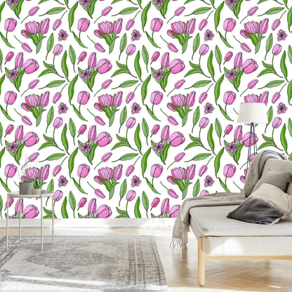 Wallpaper Drawn Blooming Tulips
