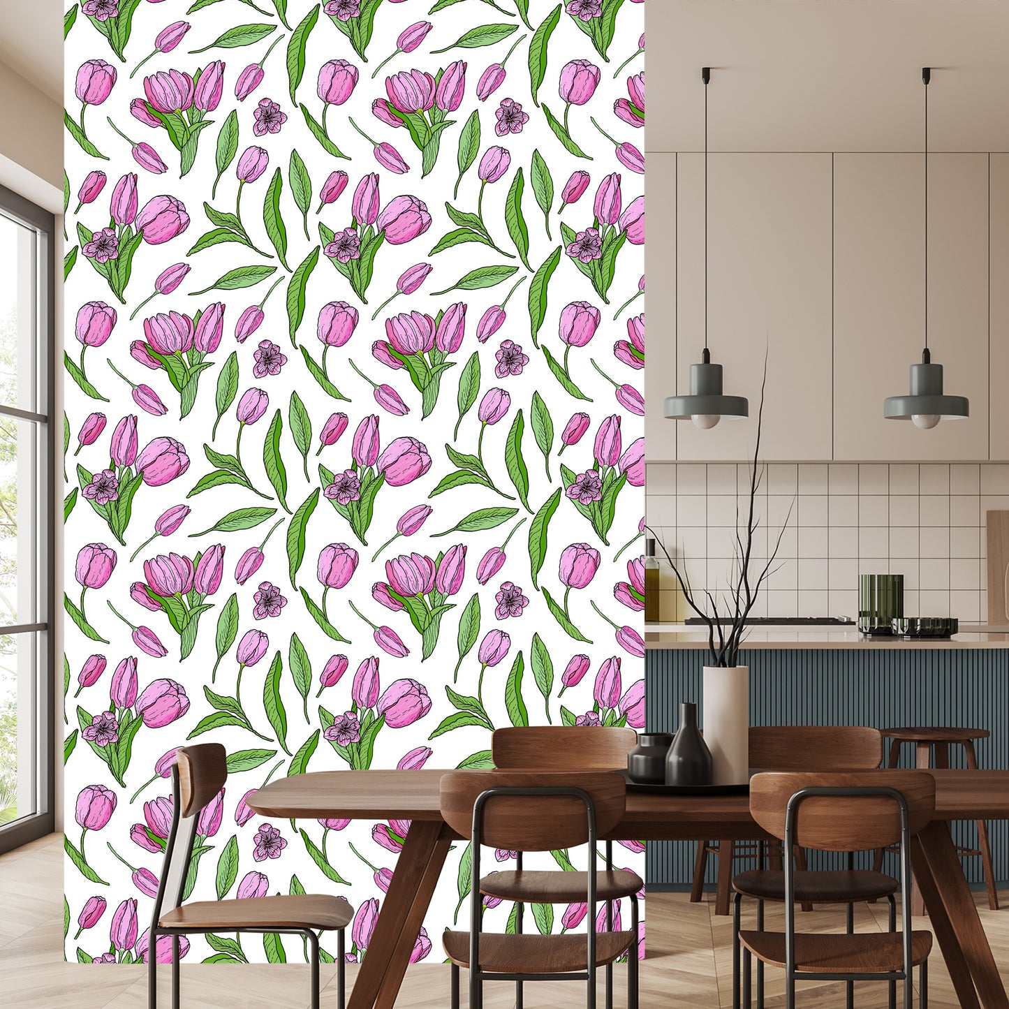 Wallpaper Drawn Blooming Tulips