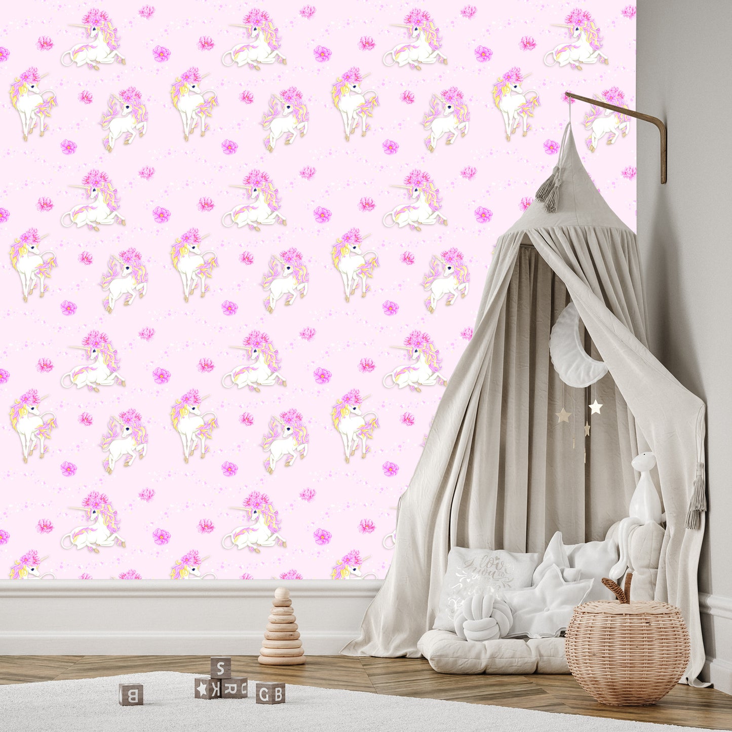Wallpaper For Children - Beautiful Unicorns And Flowers