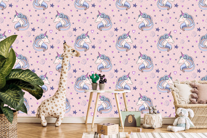 Wallpaper For Children - Sleeping Unicorns On The Background Of Stars And Hearts
