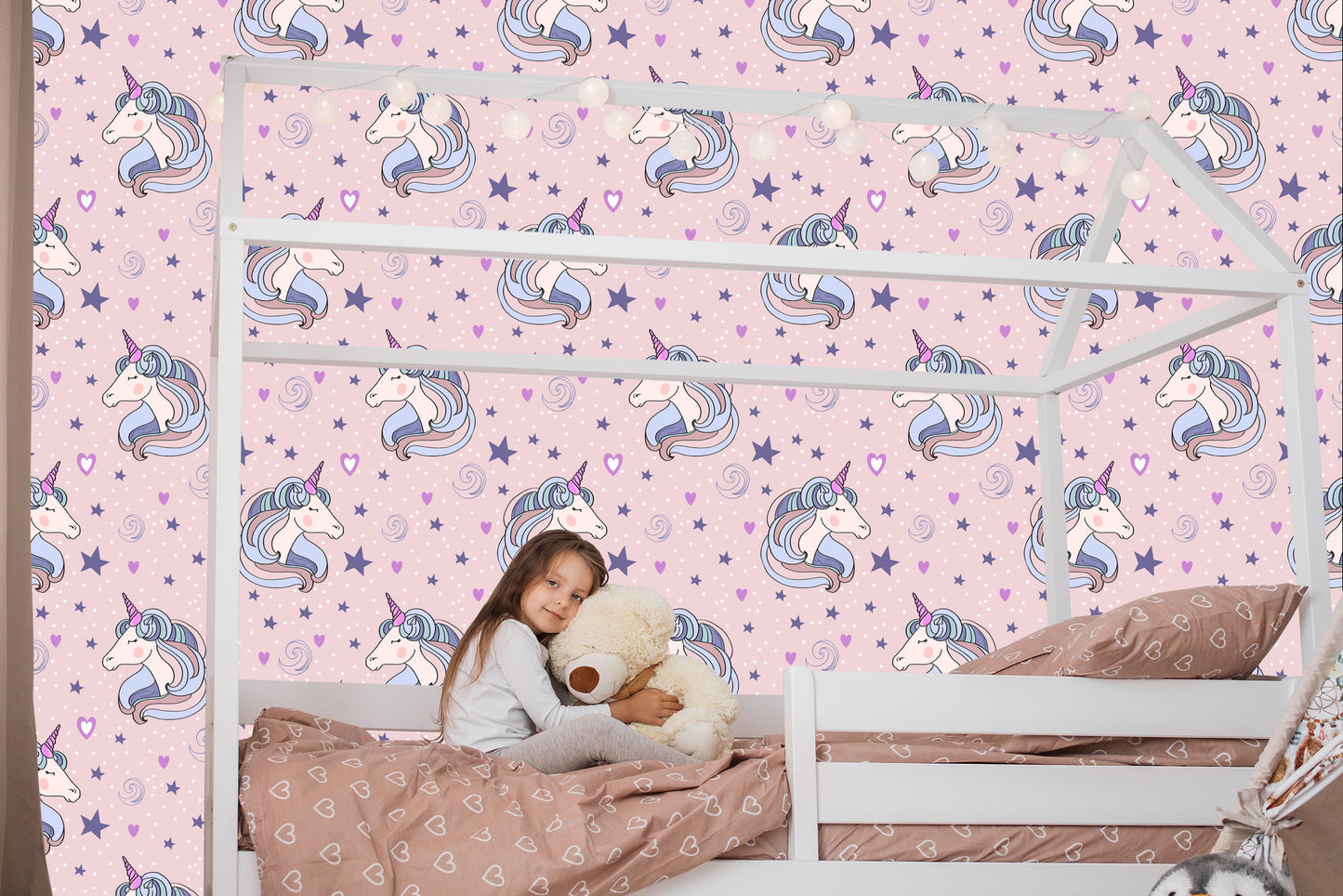 Wallpaper For Children - Sleeping Unicorns On The Background Of Stars And Hearts