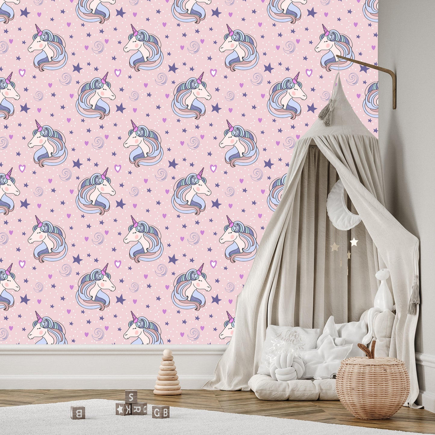 Wallpaper For Children - Sleeping Unicorns On The Background Of Stars And Hearts
