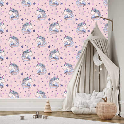 Wallpaper For Children - Sleeping Unicorns On The Background Of Stars And Hearts