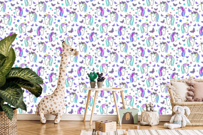 Wallpaper For Children - Unicorns And Butterflies On The Background Of Stars
