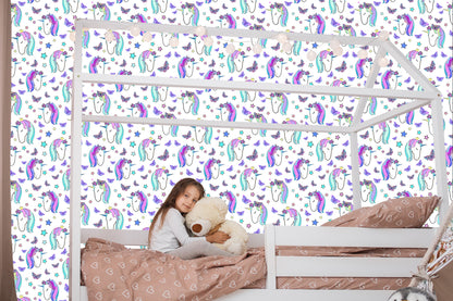 Wallpaper For Children - Unicorns And Butterflies On The Background Of Stars