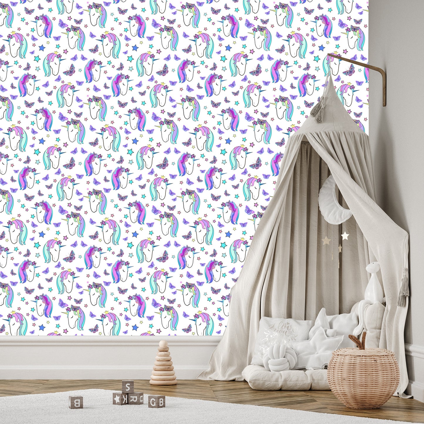 Wallpaper For Children - Unicorns And Butterflies On The Background Of Stars