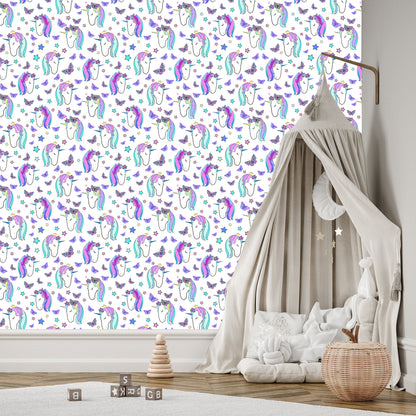 Wallpaper For Children - Unicorns And Butterflies On The Background Of Stars