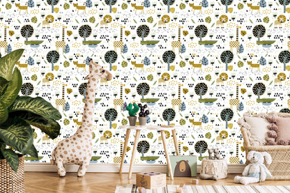 Wallpaper Lions Tree Leaves Dots Boy's Room