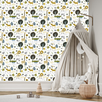 Wallpaper Lions Tree Leaves Dots Boy's Room