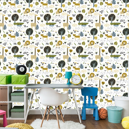 Wallpaper Lions Tree Leaves Dots Boy's Room