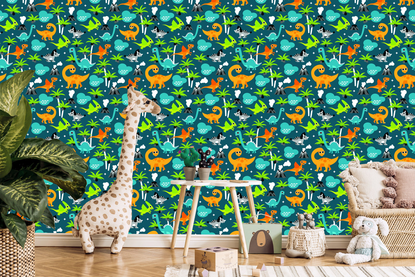 Wallpaper For A Boy. Colorful Animals On A Volcano Palm