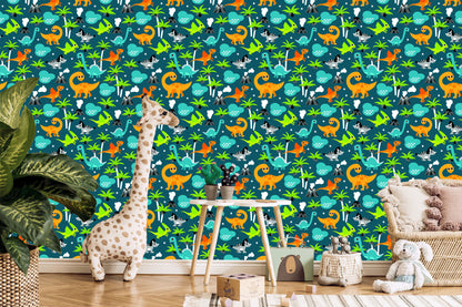 Wallpaper For A Boy. Colorful Animals On A Volcano Palm