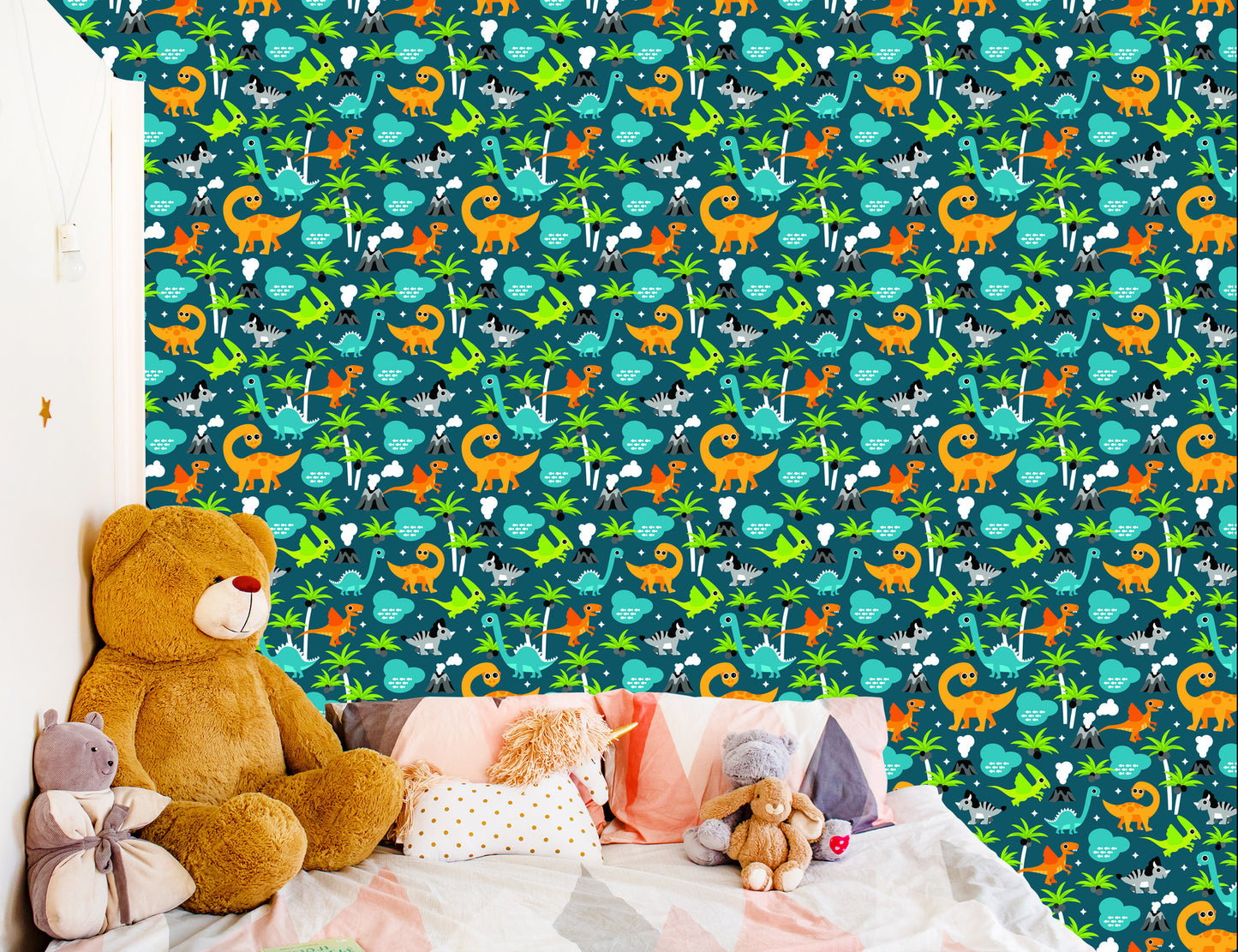 Wallpaper For A Boy. Colorful Animals On A Volcano Palm