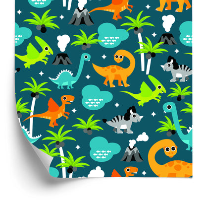 Wallpaper For A Boy. Colorful Animals On A Volcano Palm