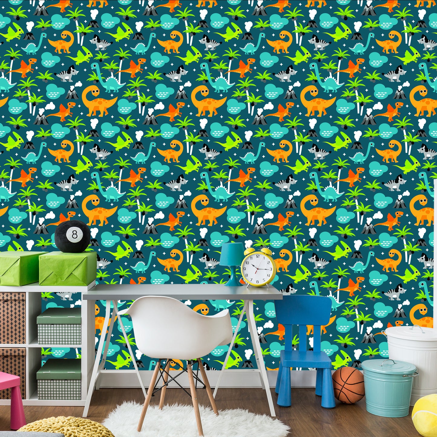 Wallpaper For A Boy. Colorful Animals On A Volcano Palm
