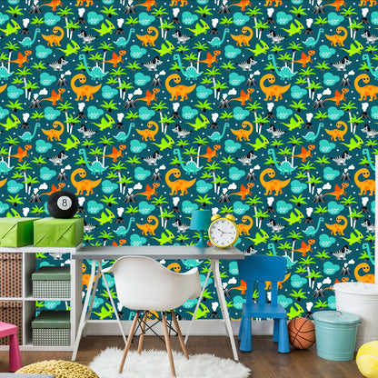 Wallpaper For A Boy. Colorful Animals On A Volcano Palm