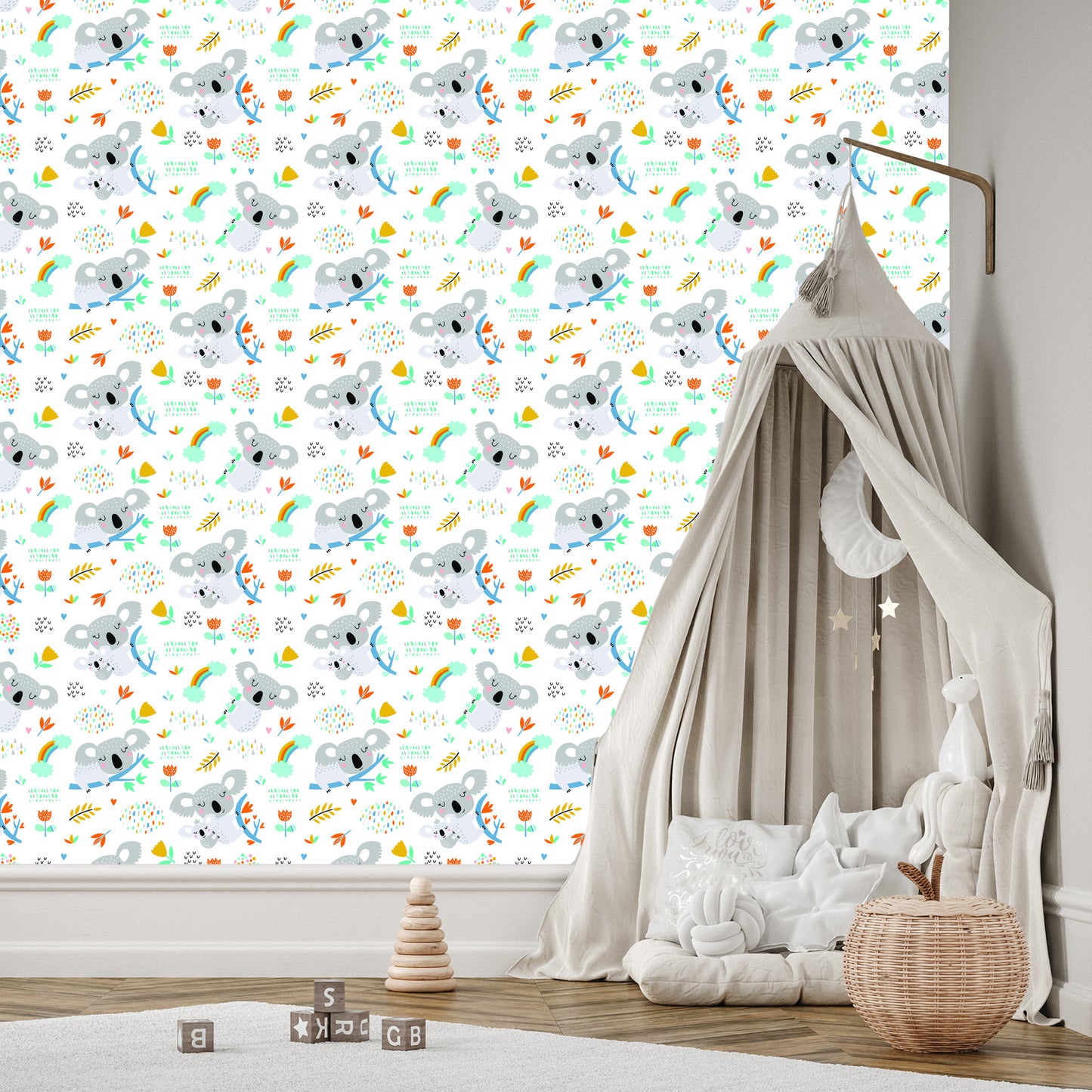 Wallpaper For Boy Koala Rainbow Clouds Flowers