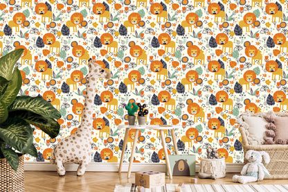 Wallpaper Lions, Leaves, Flowers, Plants, Boy's Room