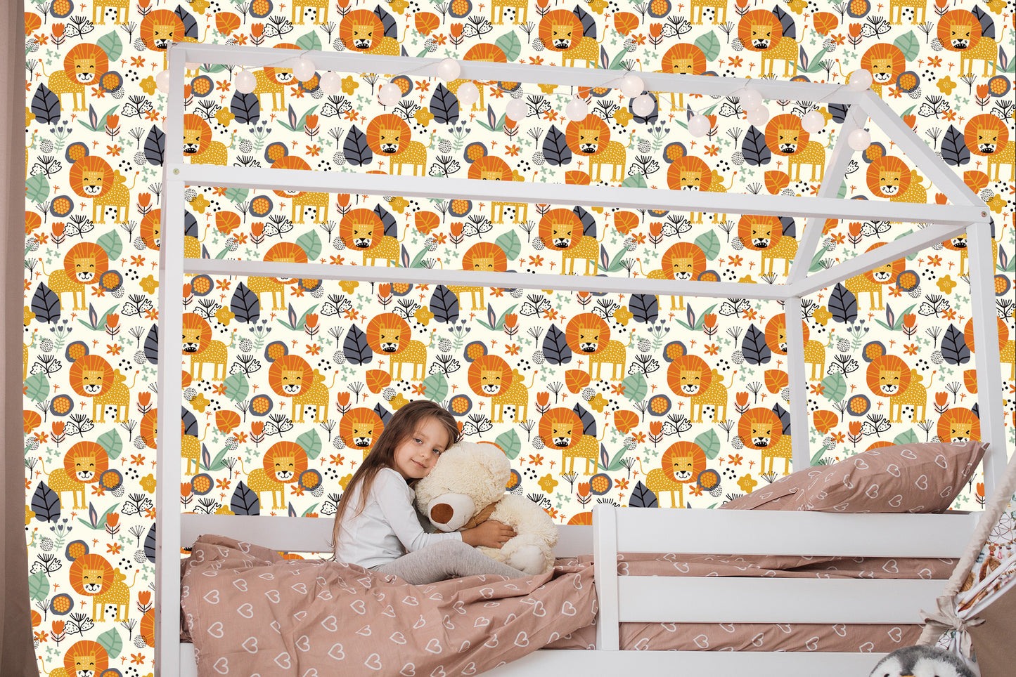Wallpaper Lions, Leaves, Flowers, Plants, Boy's Room