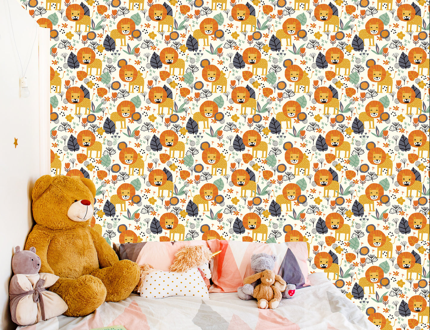 Wallpaper Lions, Leaves, Flowers, Plants, Boy's Room