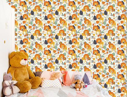 Wallpaper Lions, Leaves, Flowers, Plants, Boy's Room