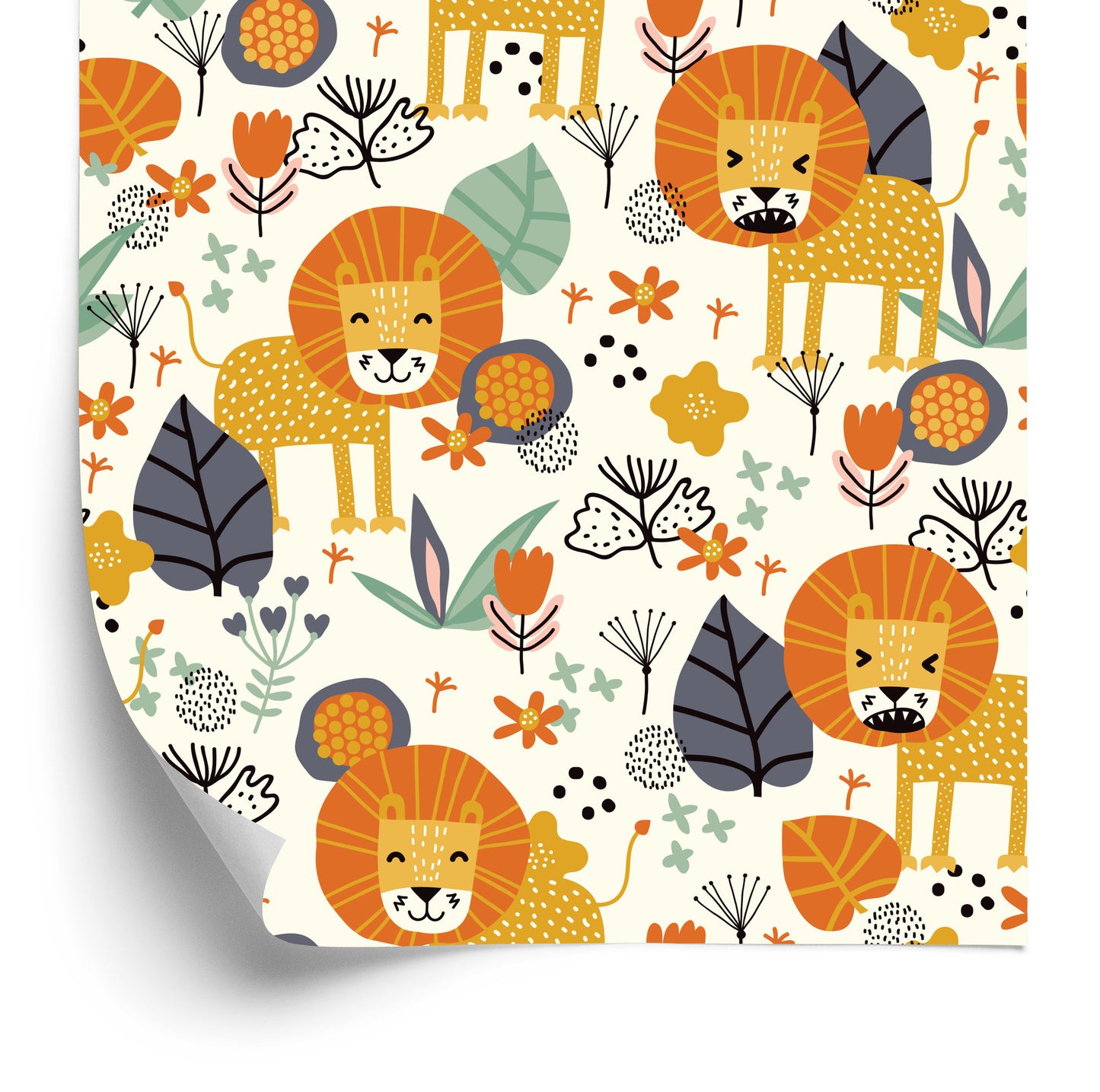 Wallpaper Lions, Leaves, Flowers, Plants, Boy's Room