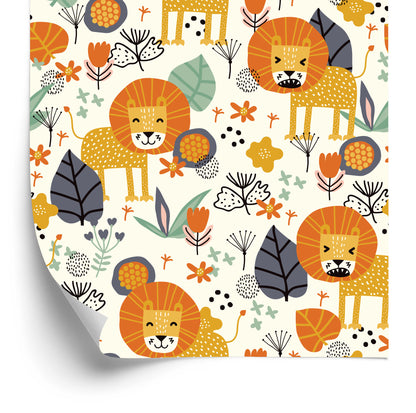 Wallpaper Lions, Leaves, Flowers, Plants, Boy's Room