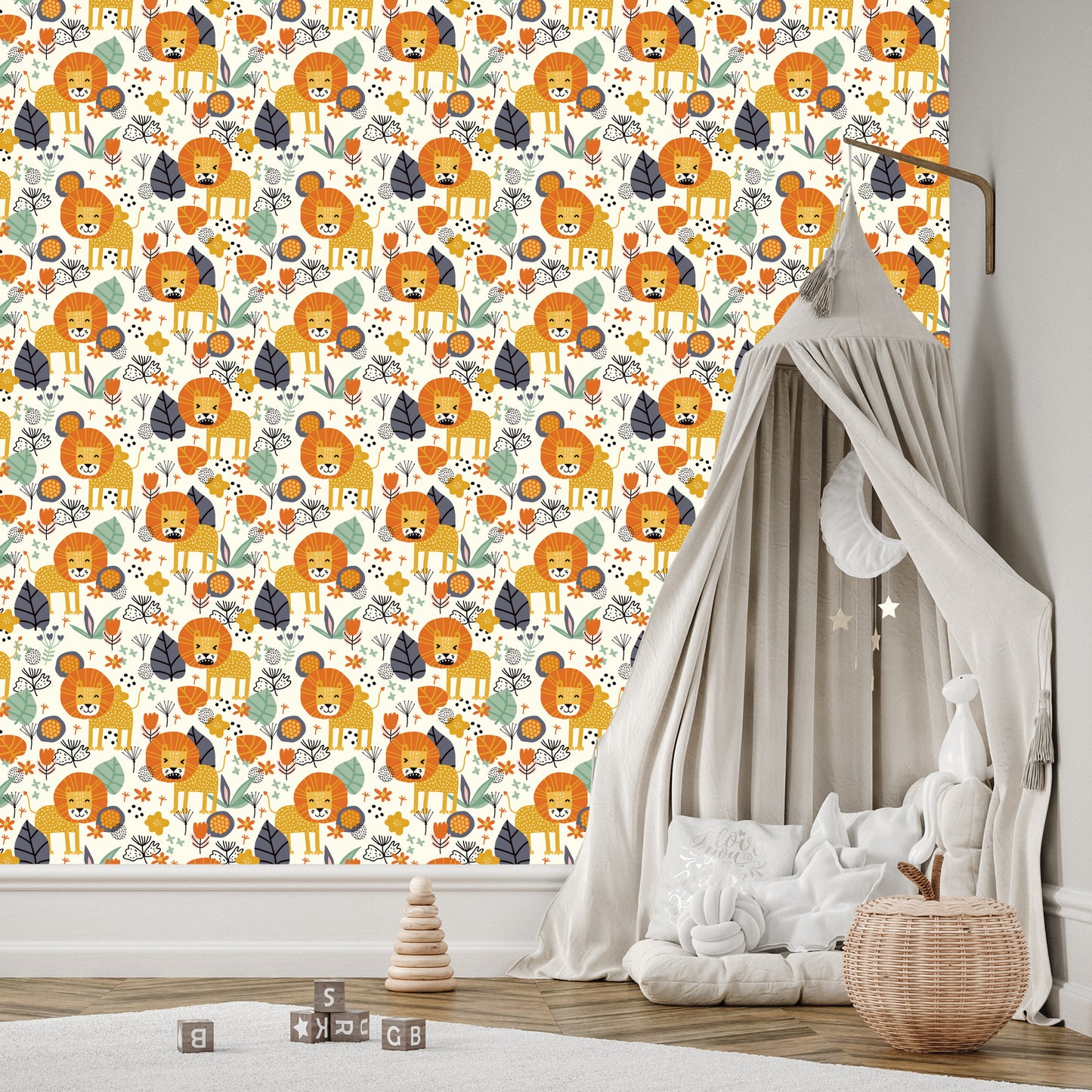 Wallpaper Lions, Leaves, Flowers, Plants, Boy's Room