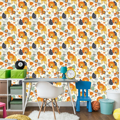 Wallpaper Lions, Leaves, Flowers, Plants, Boy's Room