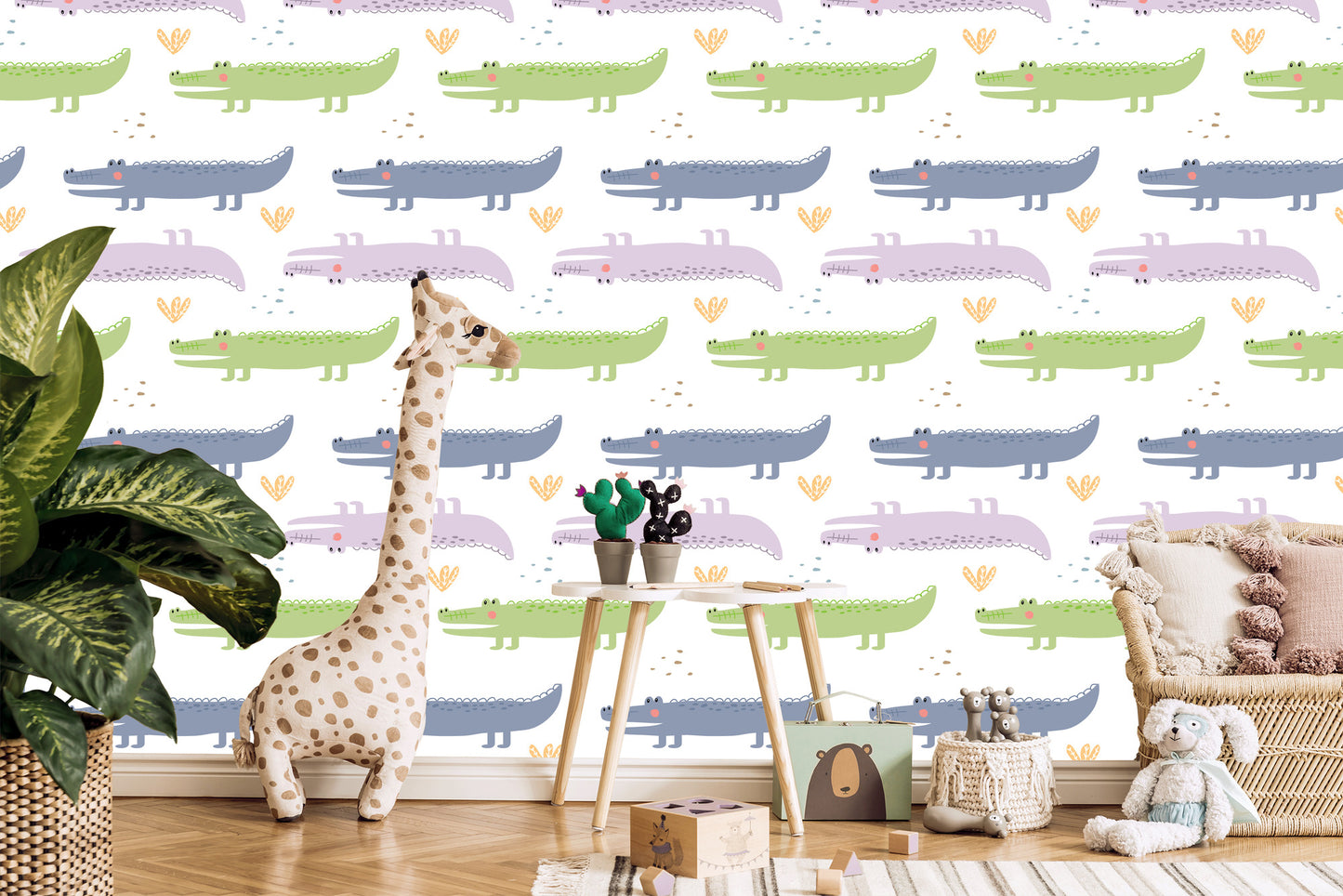 Wallpaper Pastel Crocodile Plants Boy's Room