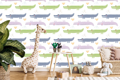Wallpaper Pastel Crocodile Plants Boy's Room