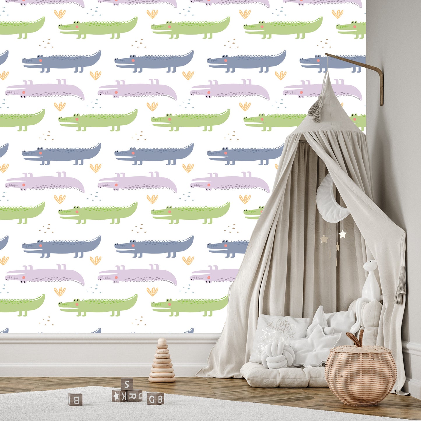 Wallpaper Pastel Crocodile Plants Boy's Room