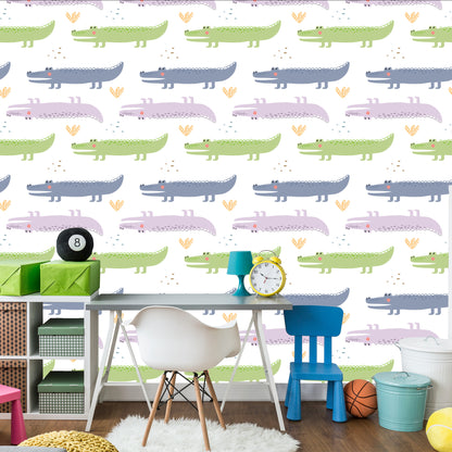 Wallpaper Pastel Crocodile Plants Boy's Room