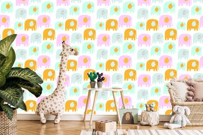Wallpaper For Children - Happy Elephants In Pastel Colors