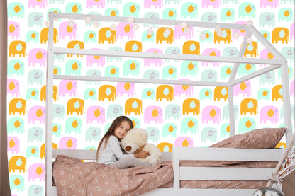 Wallpaper For Children - Happy Elephants In Pastel Colors