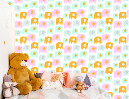 Wallpaper For Children - Happy Elephants In Pastel Colors