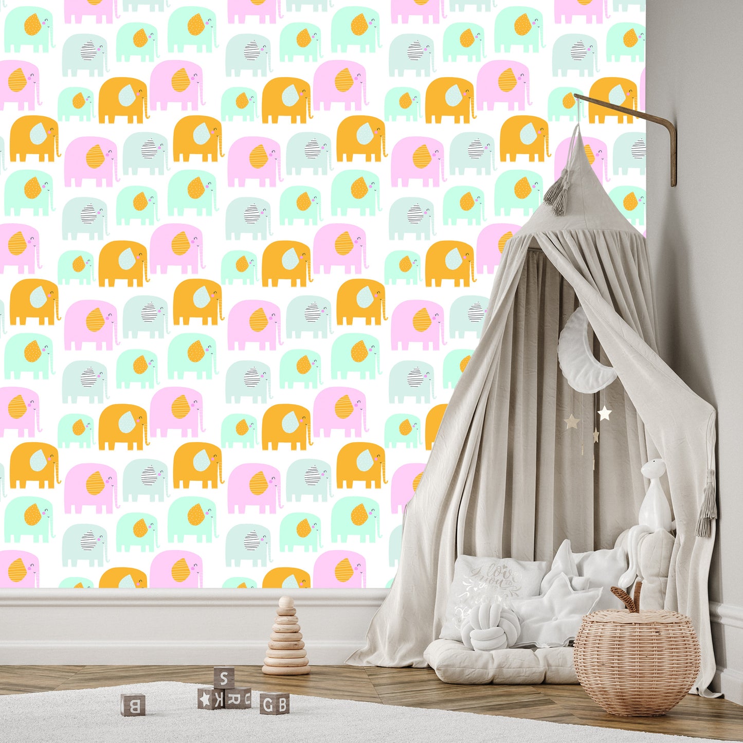 Wallpaper For Children - Happy Elephants In Pastel Colors