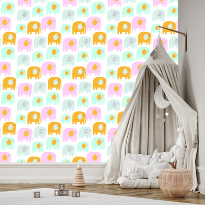 Wallpaper For Children - Happy Elephants In Pastel Colors