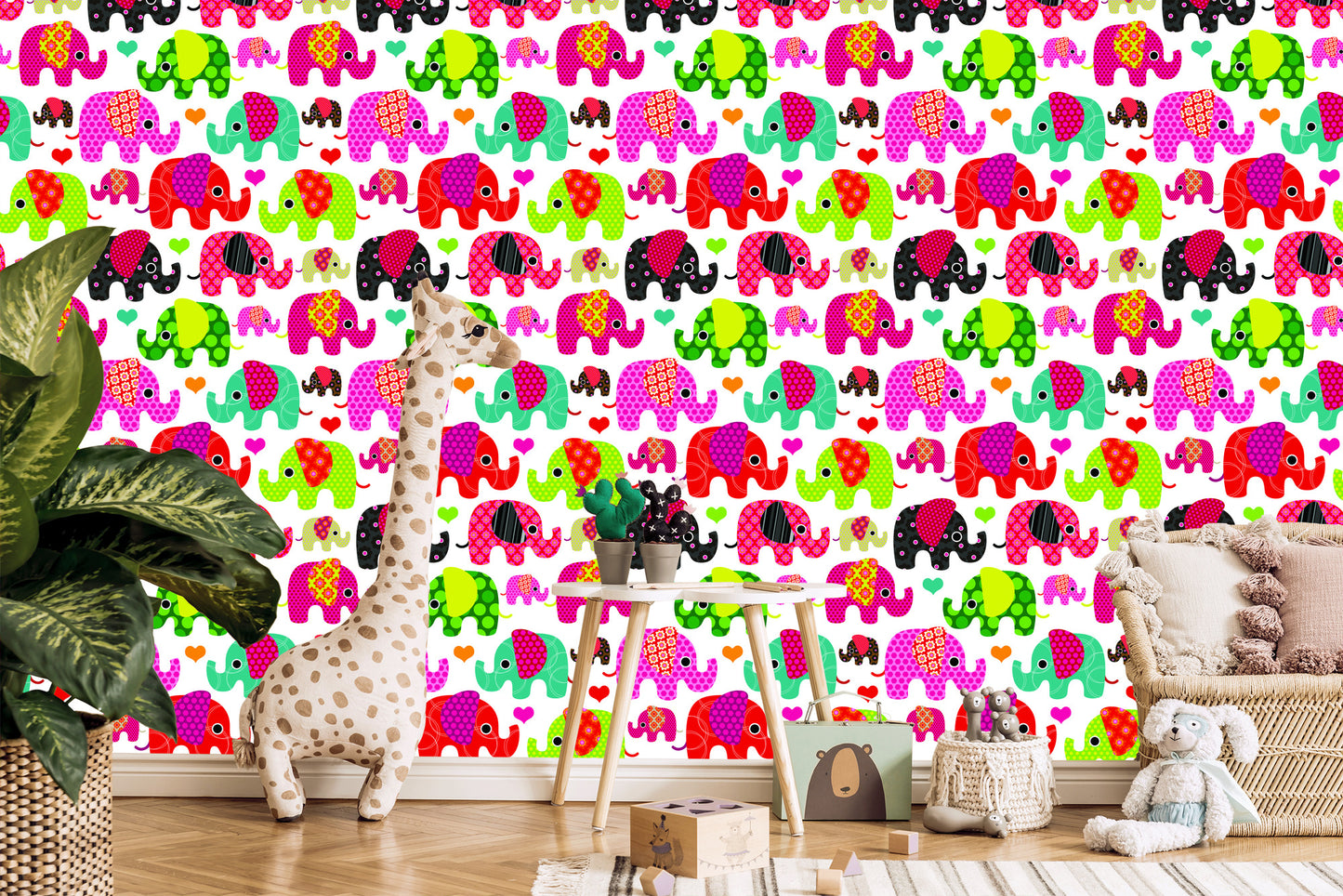 Wallpaper In Colorful Elephants Hearts In Children's Room