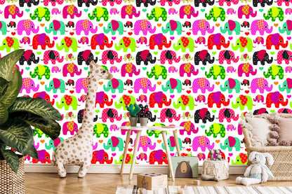 Wallpaper In Colorful Elephants Hearts In Children's Room