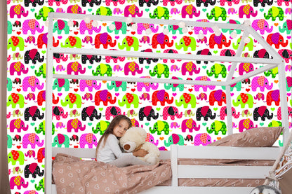 Wallpaper In Colorful Elephants Hearts In Children's Room