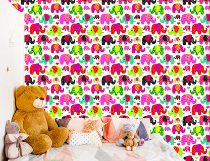 Wallpaper In Colorful Elephants Hearts In Children's Room