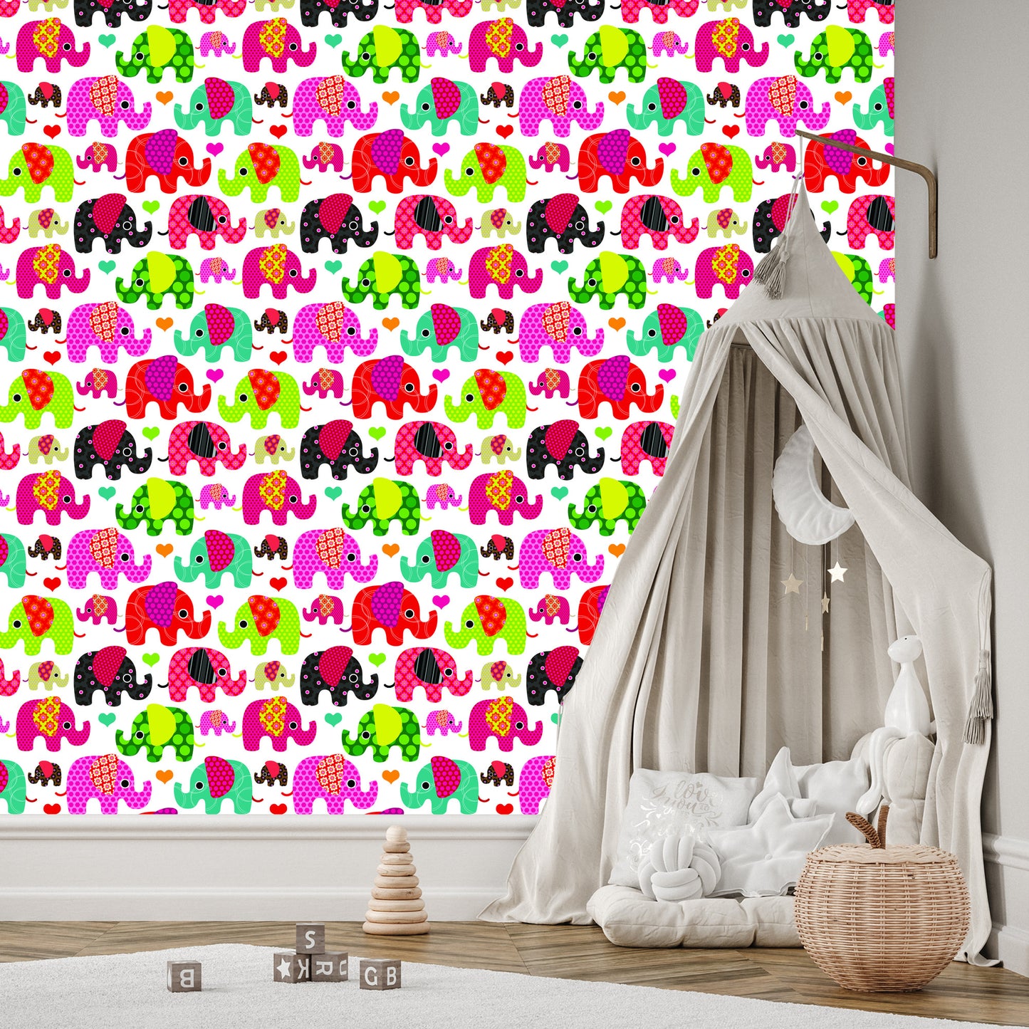 Wallpaper In Colorful Elephants Hearts In Children's Room