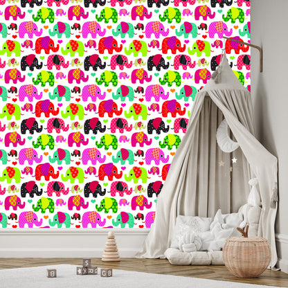 Wallpaper In Colorful Elephants Hearts In Children's Room