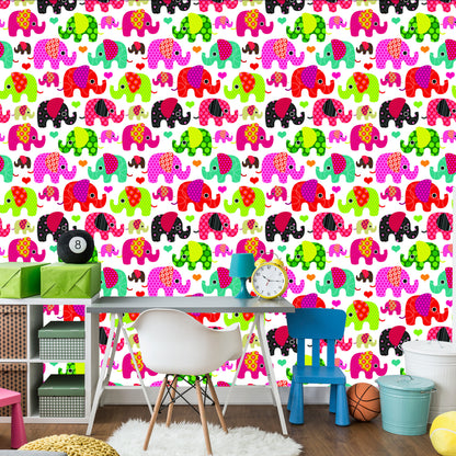 Wallpaper In Colorful Elephants Hearts In Children's Room